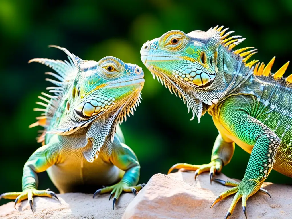 Dos iguanas macho en intensa lucha por la dominancia, desplegando patrones vibrantes en sus escamas