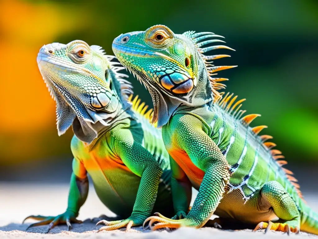 Dos iguanas macho en exhibición de poder, con cuerpos inflados y colores vibrantes en una intensa confrontación