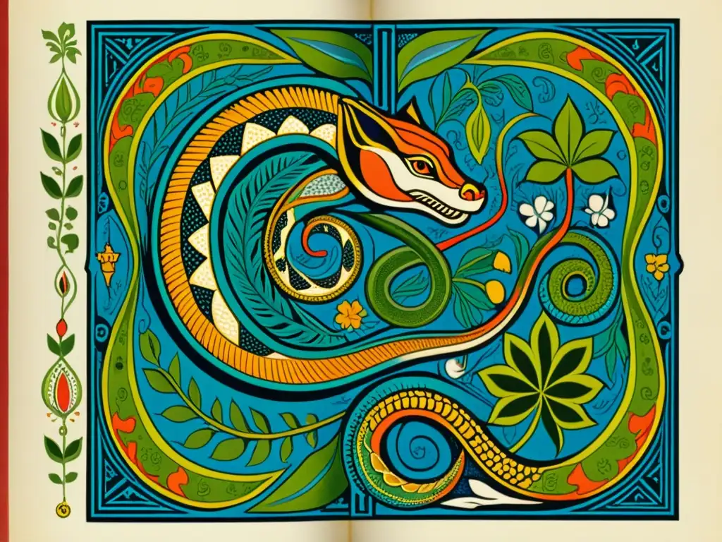 Amphisbaena y Culebras con Patas: Ilustración Detallada Una ilustración detallada de una página de bestiario medieval con criaturas místicas rodeadas de diseños botánicos y geométricos