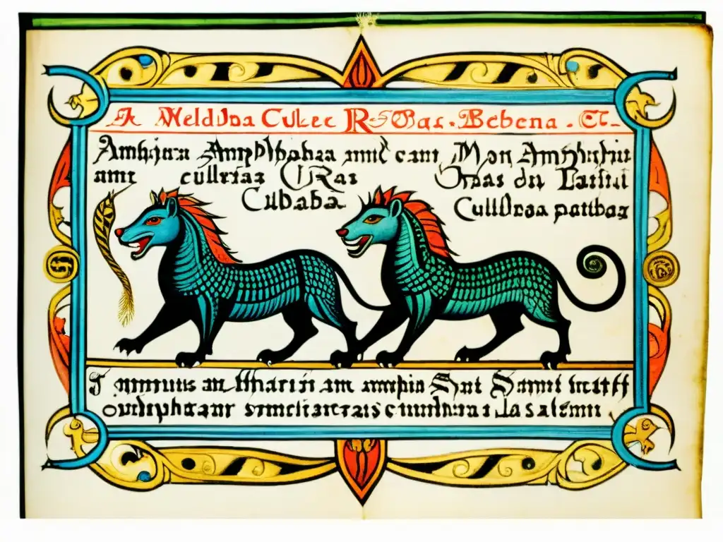Detallada ilustración de bestiario medieval con Amphisbaena y Culebras con Patas Una ilustración detallada de una página de bestiario medieval con Amphisbaena y Culebras con Patas, rodeadas de texto latino y bordes decorativos