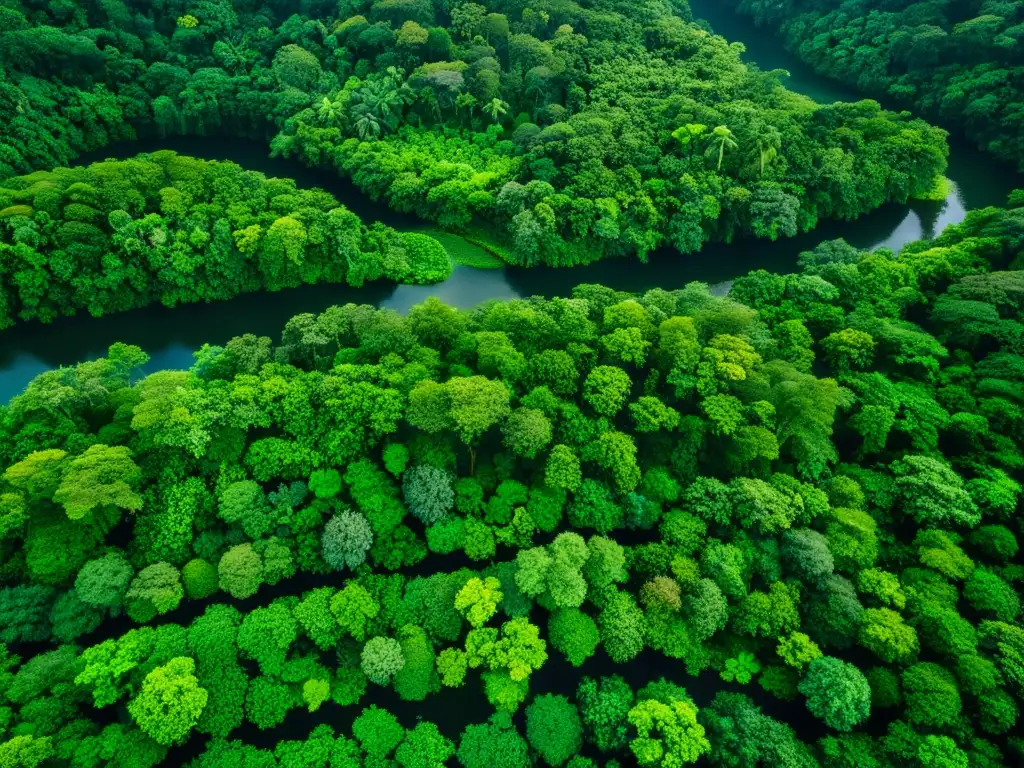 Imagen aérea de un exuberante bosque lluvioso con ríos serpenteantes y reptil majestuoso, en seguimiento migratorio