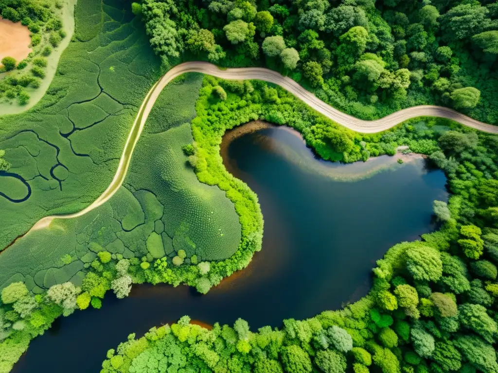 Imagen aérea de hábitat de reptiles con diversa vegetación exuberante, ríos serpenteantes y reptiles variados