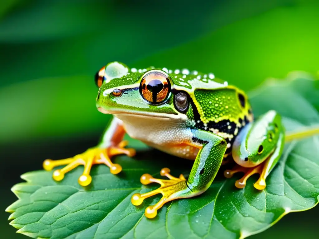 Imagen de un ágil y colorido anfibio, una rana arborícola verde, enriqueciendo su hábitat natural al aferrarse a una hoja húmeda