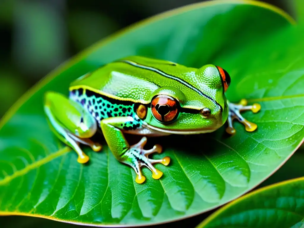 Imagen de alta definición de una rana arbórea verde vibrante en su hábitat natural, destacando su belleza