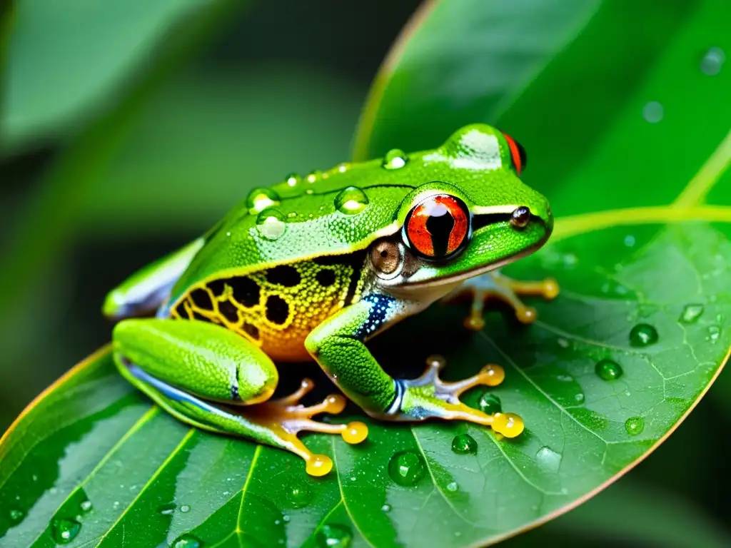 Imagen en alta resolución de una delicada rana de ojos rojos en una hoja verde con gotas de agua