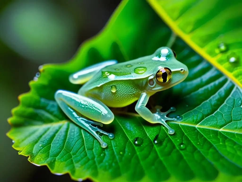 Imagen de un anfibio adaptado a condiciones extremas, una rana de cristal en una hoja de la selva con gotas de agua y texturas detalladas