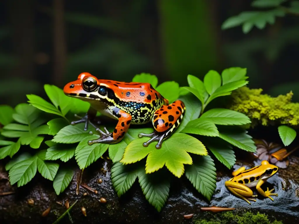 Una imagen de anfibios nocturnos camuflados en su hábitat natural, mostrando sus vibrantes colores y comportamientos nocturnos