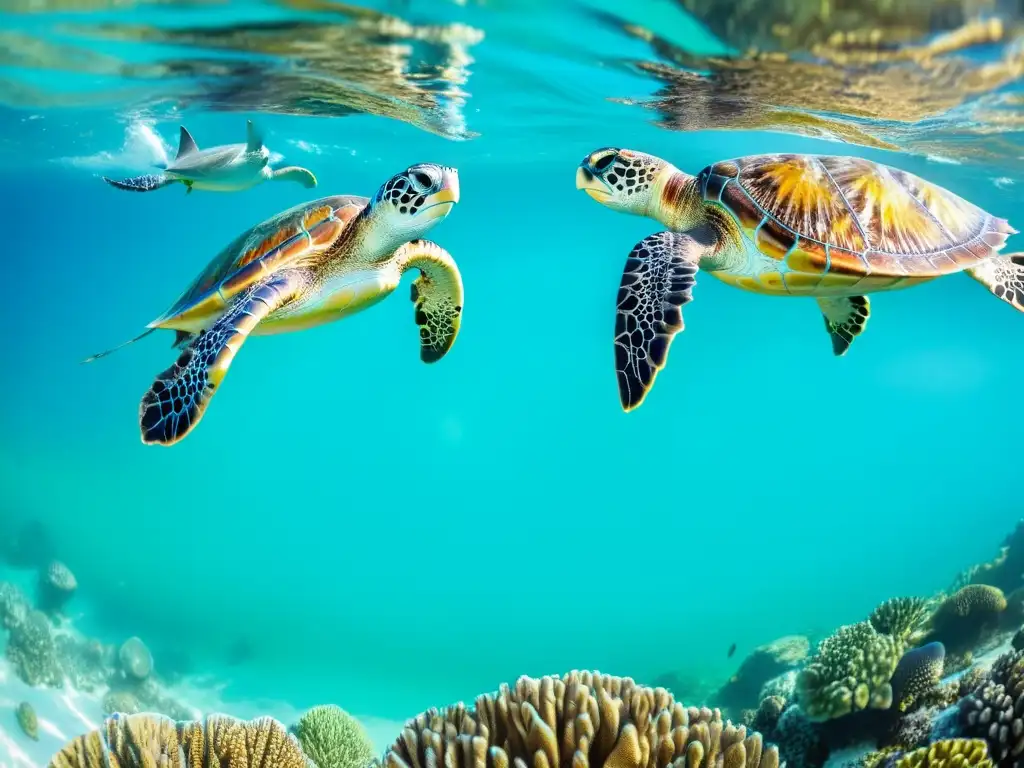 Imagen de la migración anual de tortugas verdes en aguas cristalinas rodeadas de arrecifes de coral y vida marina colorida