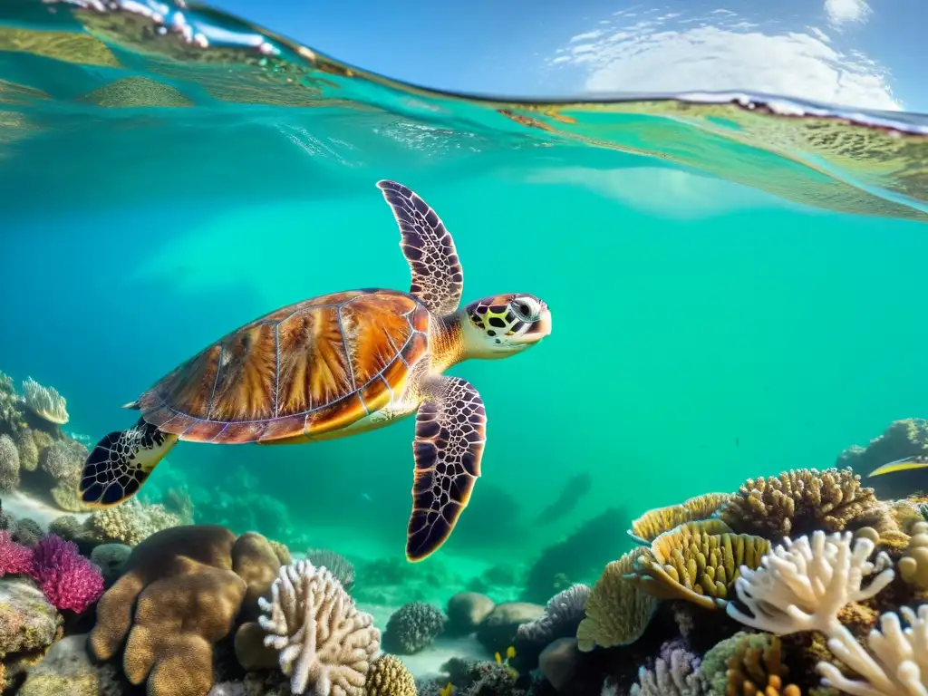 Imagen 8K de arrecife coralino vibrante con tortuga marina destacando la importancia de reptiles marinos en ecosistemas coral