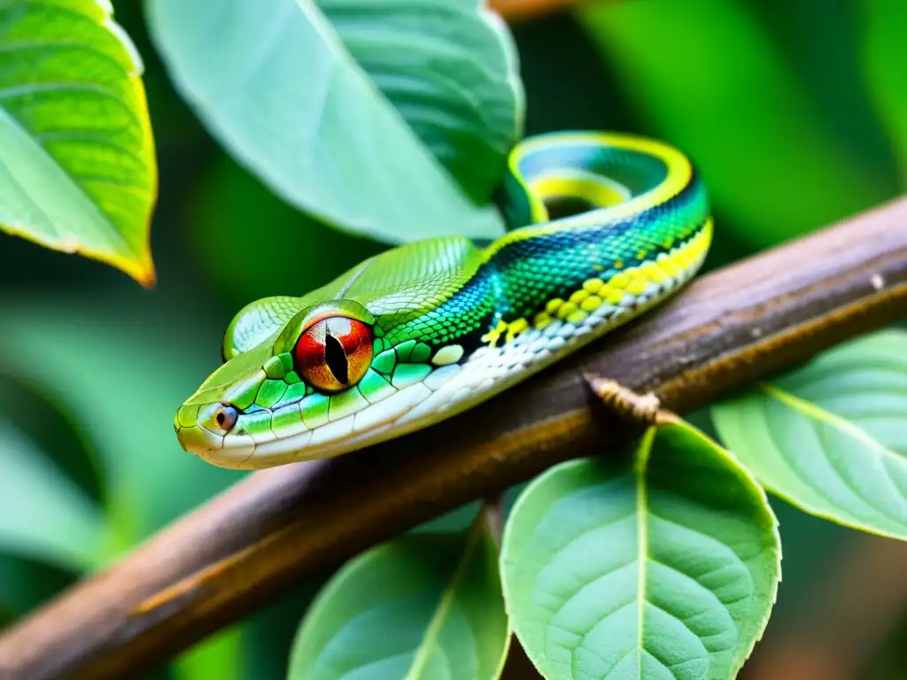 Imagen asombrosa de una serpiente verde camuflada en la selva