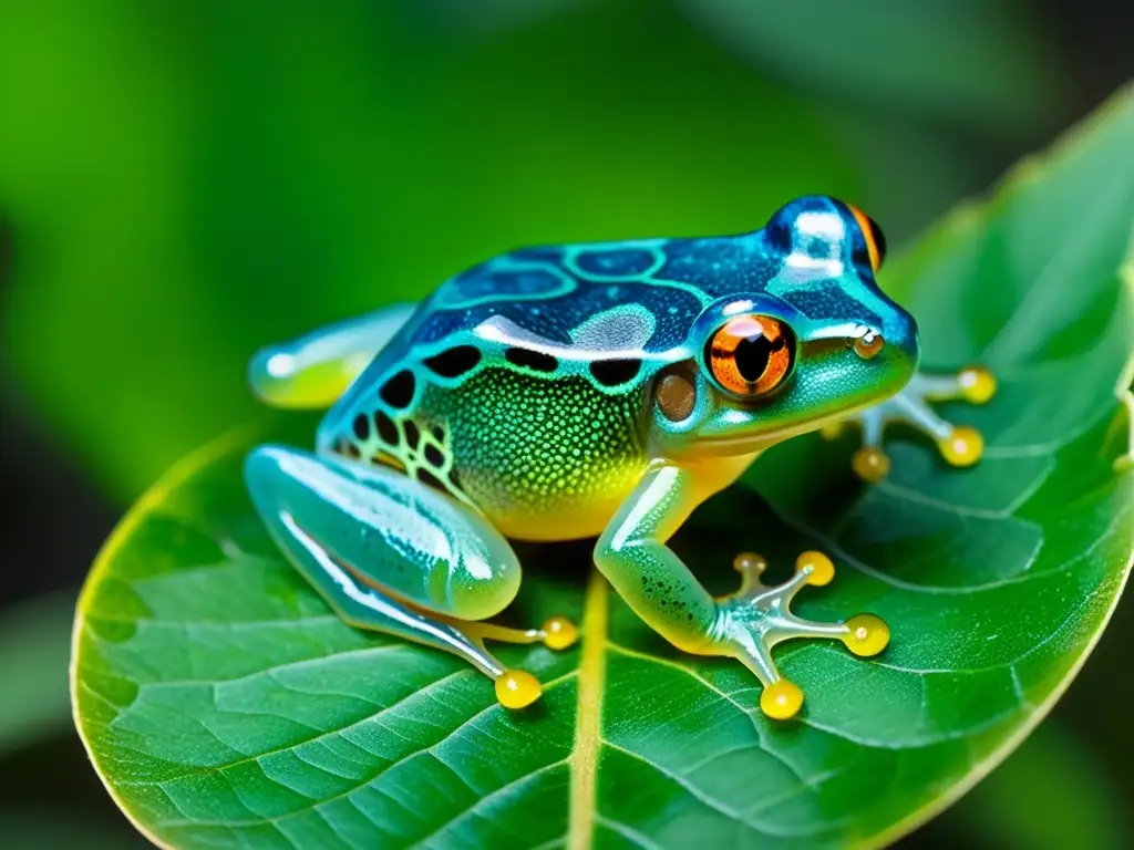 Imagen de un asombroso anfibio semiacuático en la selva amazónica, con ojos dorados y piel verde azulada