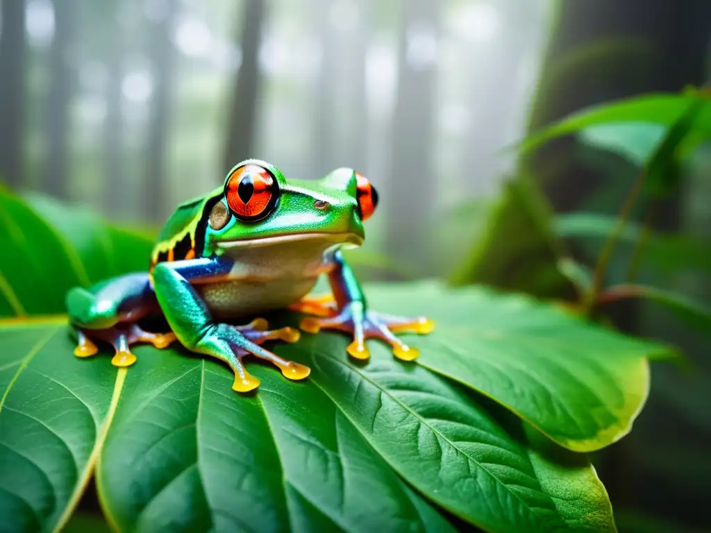 Imagen de un bosque encantador con una rana príncipe en una hoja, evocando cuentos de hadas y la magia de los anfibios