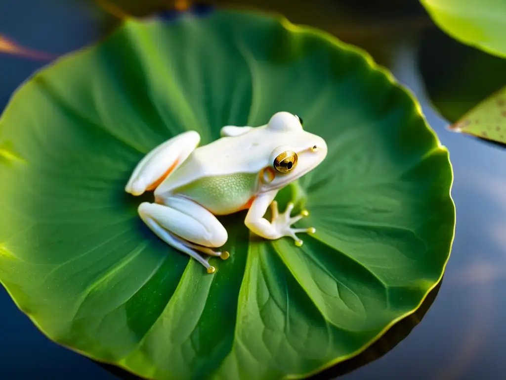 Imagen cercana de un anfibio albino en un lirio verde, resaltando la genética de anfibios albinos en un entorno sereno