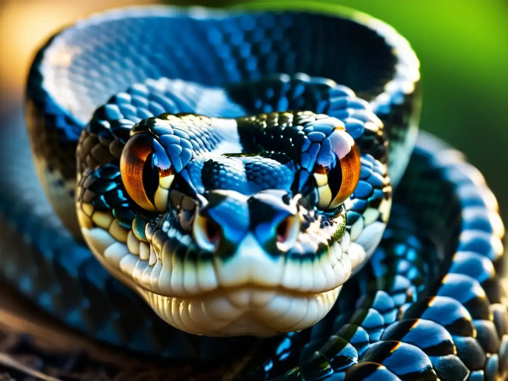 La imagen muestra los colmillos venenosos de una serpiente, con una gota de veneno brillante en la punta