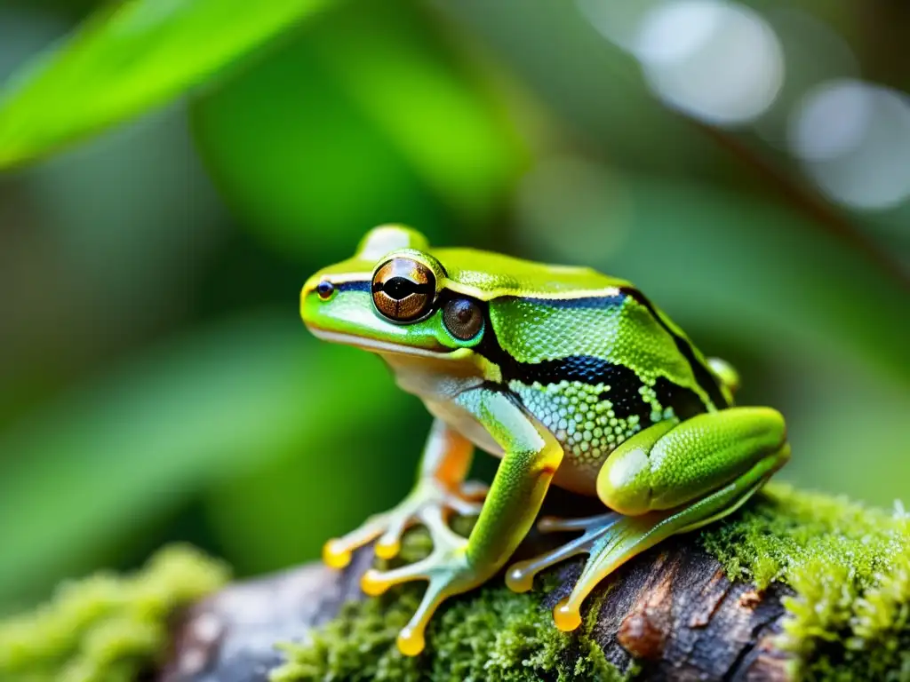 Imagen de composición visual en fotografía de anfibios: rana arbórea verde en rama musgosa, destacando textura de su piel y patas translúcidas