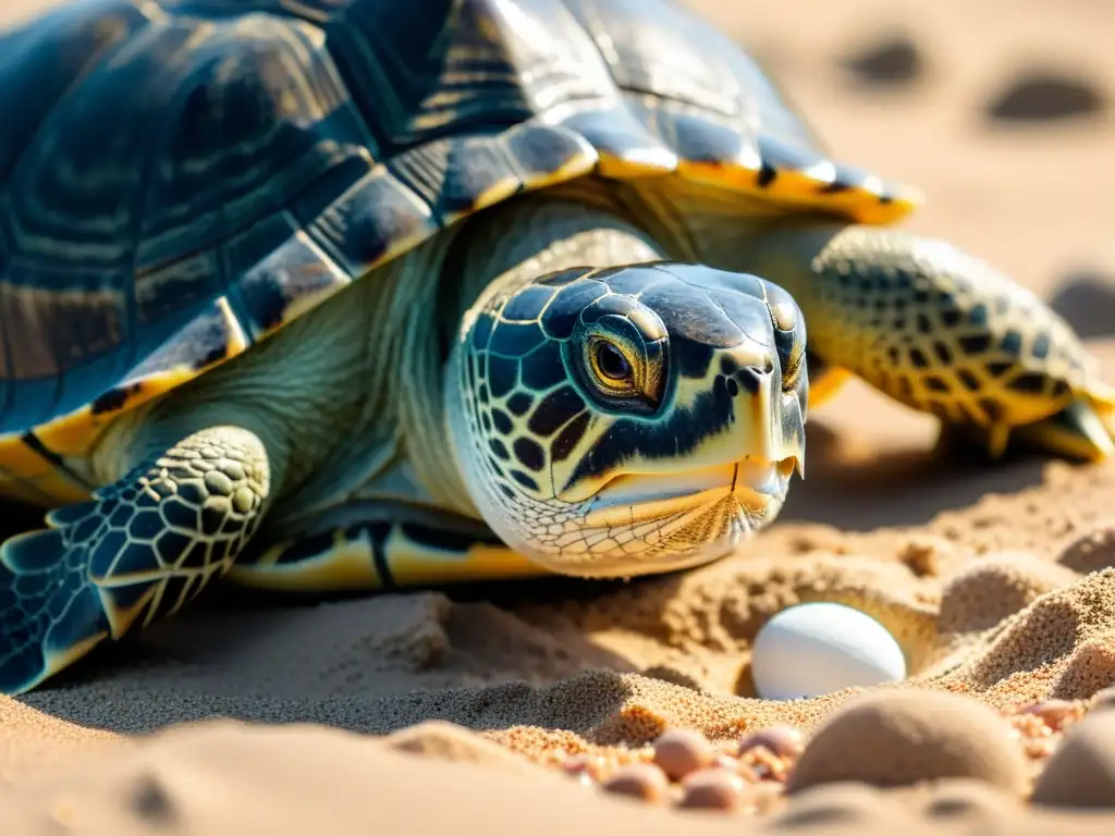 Imagen conmovedora de una tortuga hembra colocando cuidadosamente huevos en un área de anidación arenosa, iluminada por una suave luz solar