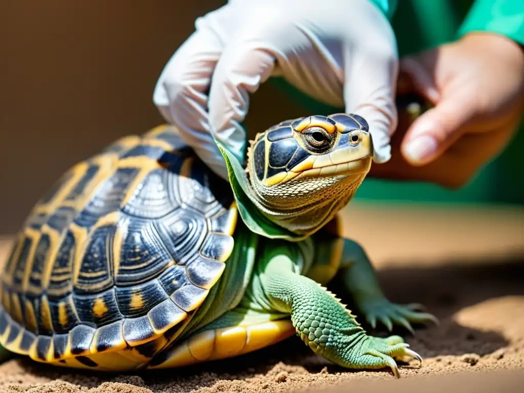 Imagen de cuidado y rehabilitación postquirúrgica de reptil, mostrando sus detalles y la atención profesional y compasiva del cuidador