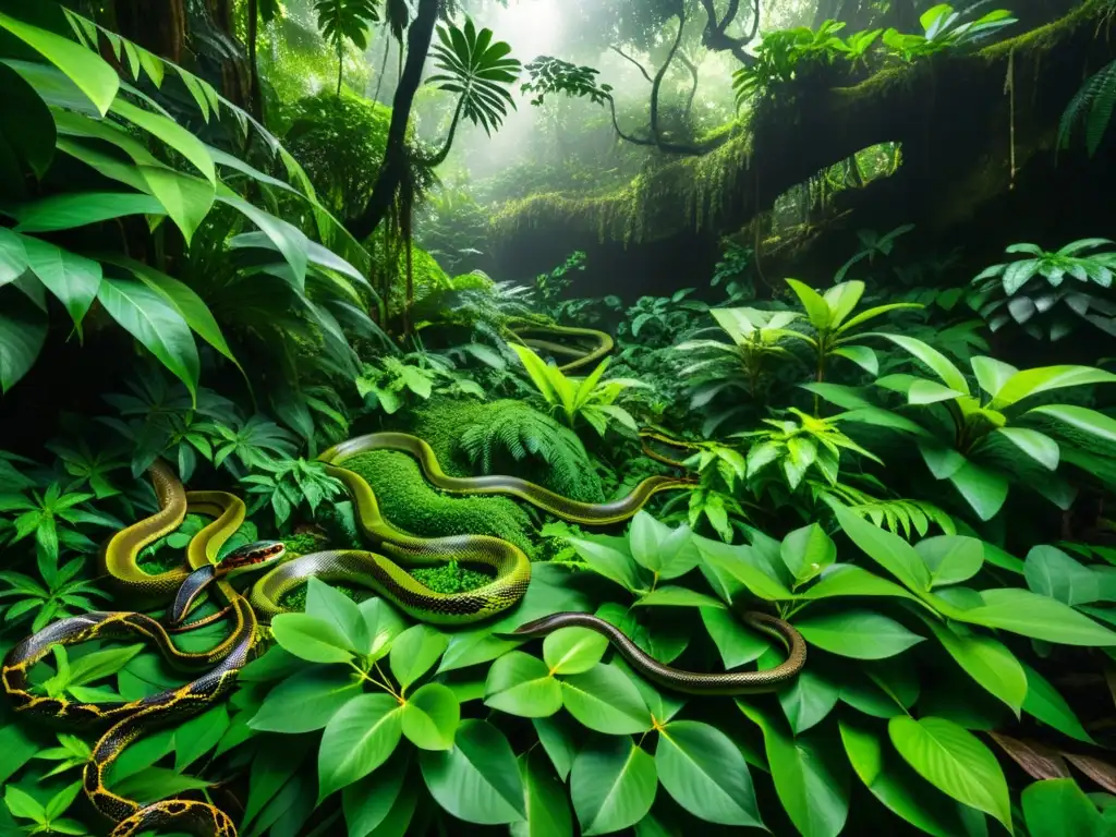 Imagen de una densa selva con especies raras de ofidios camuflados entre la exuberante vegetación