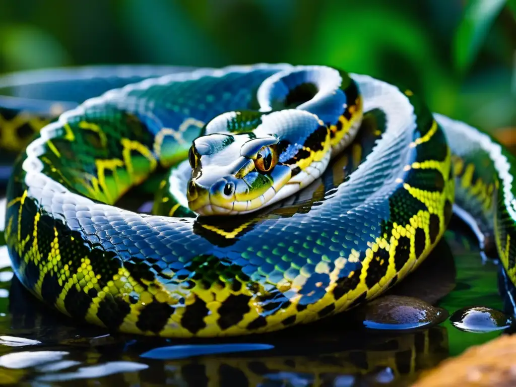 Imagen detallada de una anaconda verde deslizándose en un río tropical, mostrando la belleza de los reptiles en ecosistemas fluviales