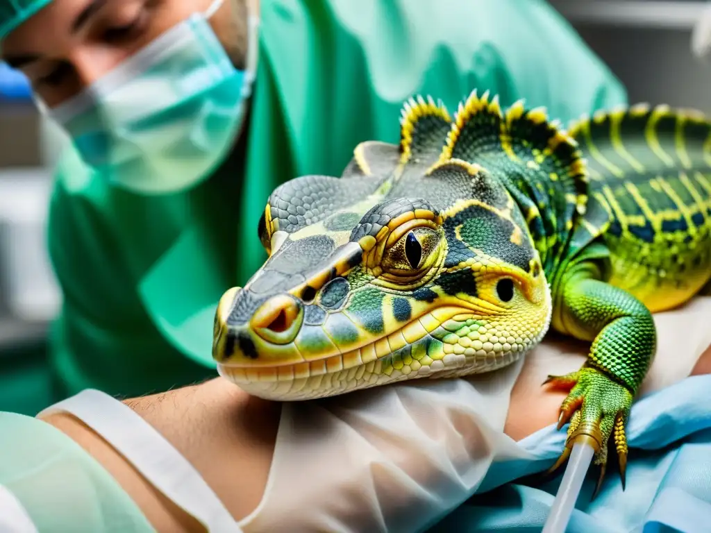 Imagen detallada de anestesia en reptiles, con enfoque en la colocación cuidadosa de la mascarilla anestésica sobre el hocico