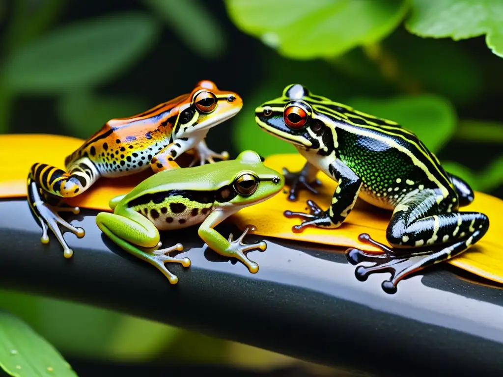 Imagen detallada de anfibios diversos en su hábitat natural, resaltando su belleza y diversidad