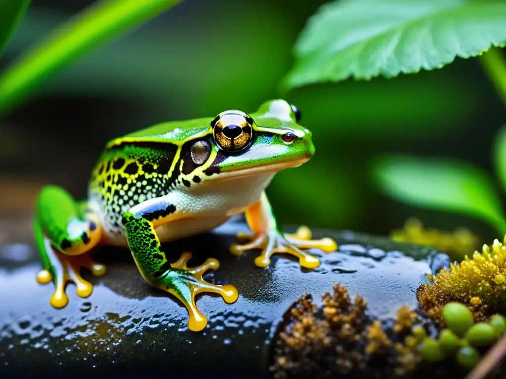 Una imagen detallada de anfibios en su hábitat natural, mostrando los efectos del cambio climático