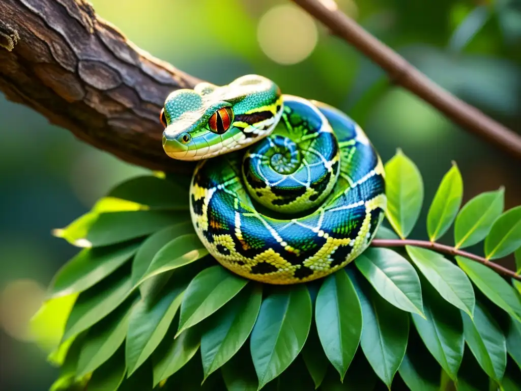 Imagen detallada de una anfisbena reptil enroscada en una rama, con sus dos cabezas erguidas y sus escamas brillando al sol