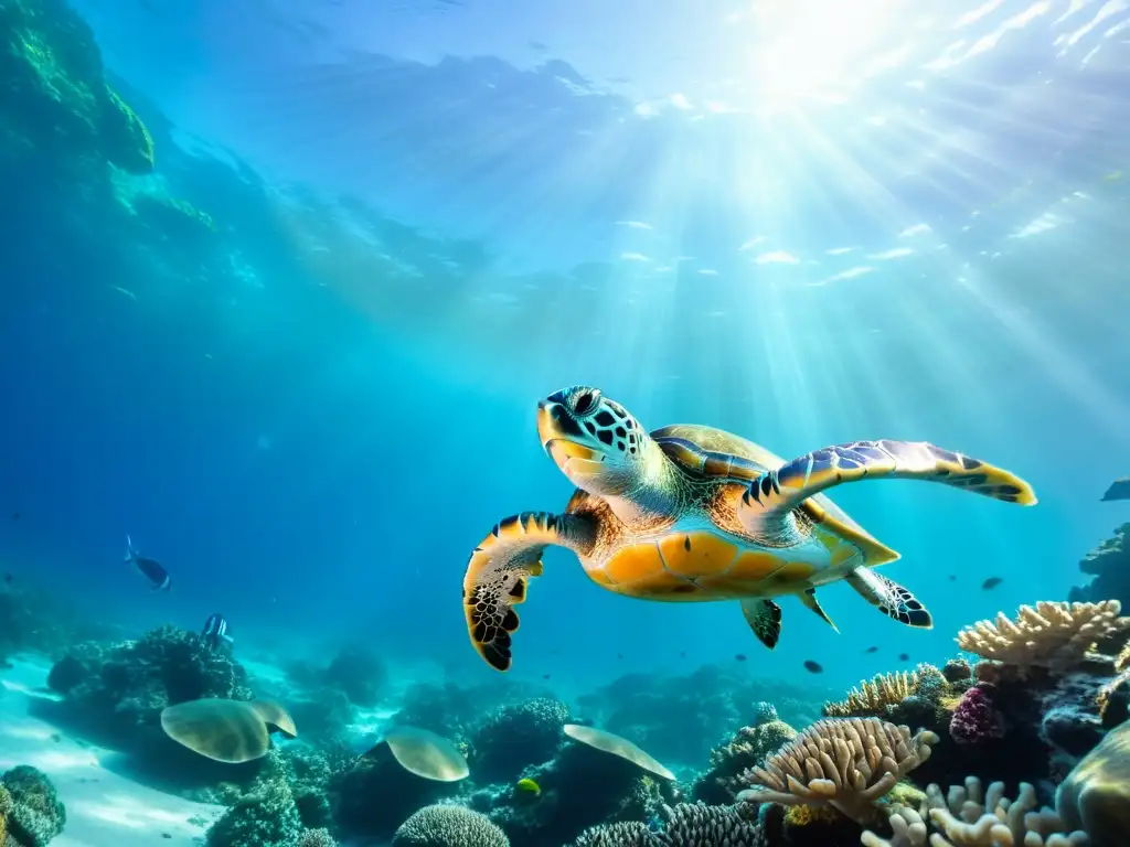 Imagen detallada de un arrecife de coral vibrante, con tortugas marinas en su hábitat natural