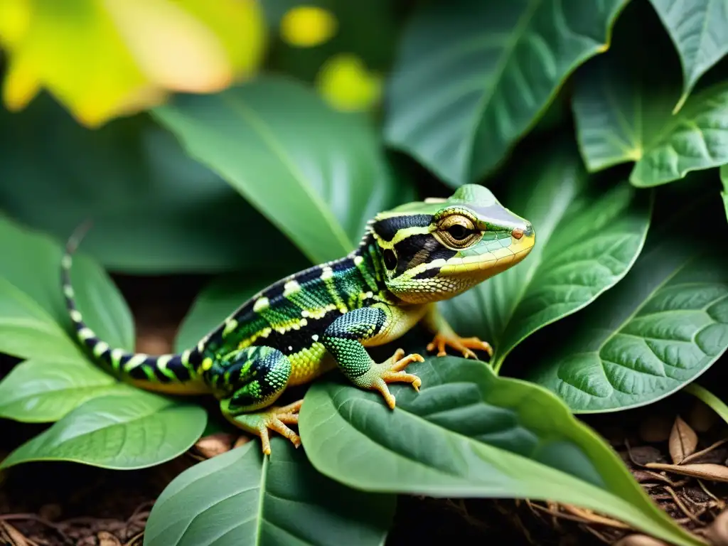 Imagen detallada de un bebé reptil camuflado entre las hojas, mostrando sus intrincadas escamas y patrones