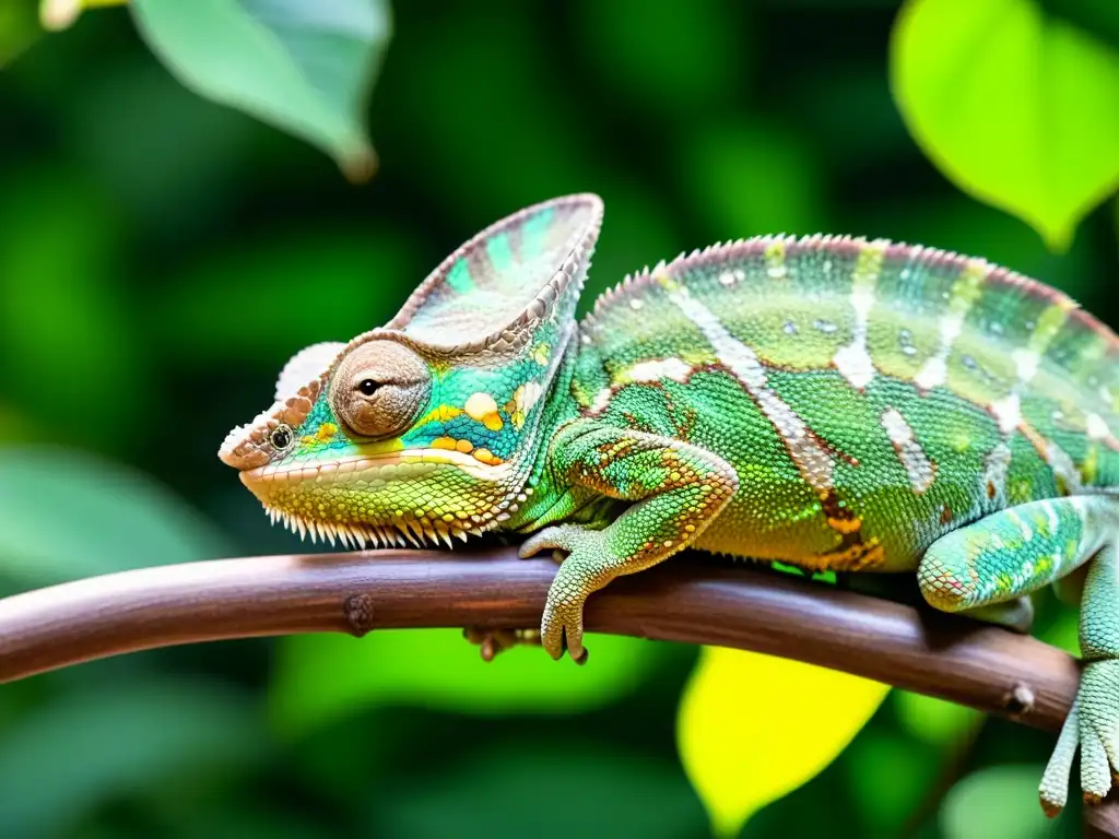 Imagen detallada de camaleón camuflado en su hábitat, mostrando estrategias de supervivencia reptiles con su piel verde y ojos ámbar