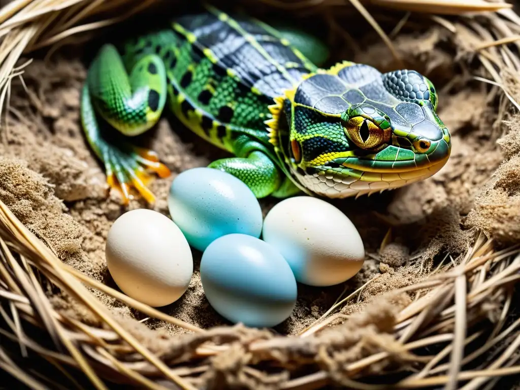 Una imagen detallada y cautivadora de una hembra reptil poniendo sus huevos en un nido meticulosamente construido