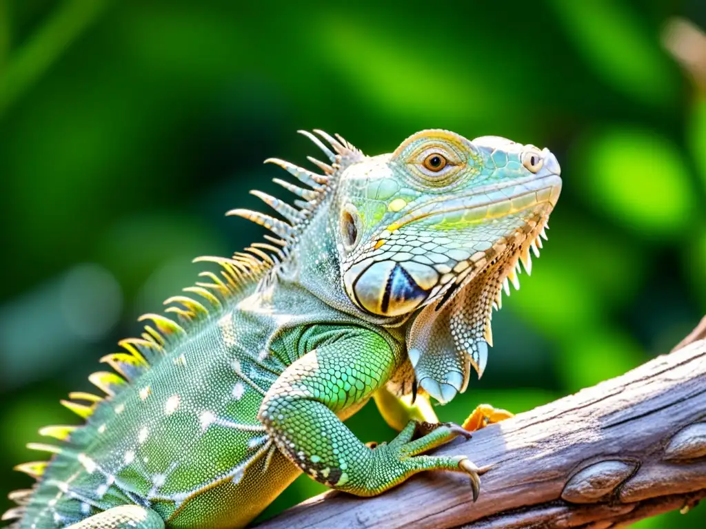 Una imagen detallada y cautivadora de una iguana verde en una rama, con escamas en primer plano y piel texturizada