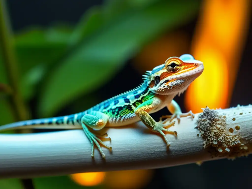 Imagen detallada de cría reptil en su entorno, rodeado de insectos vivos y bajo lámpara de calor