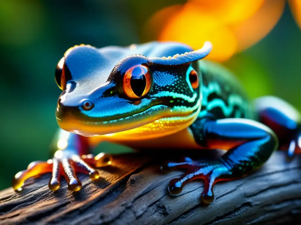 Una imagen detallada de una criatura mágica del folklore japonés, una salamandra iridiscente con escamas brillantes en un claro del bosque