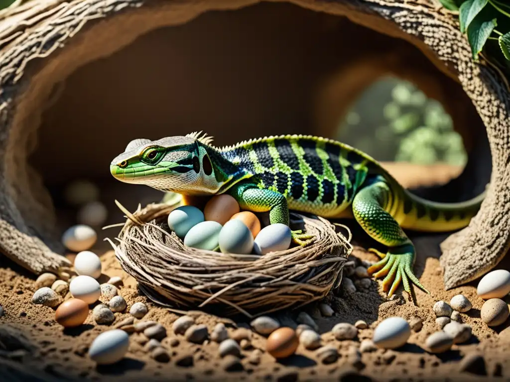 Una imagen detallada y documental de una hembra de reptil poniendo huevos en un nido, mostrando escamas, textura de los huevos y su entorno