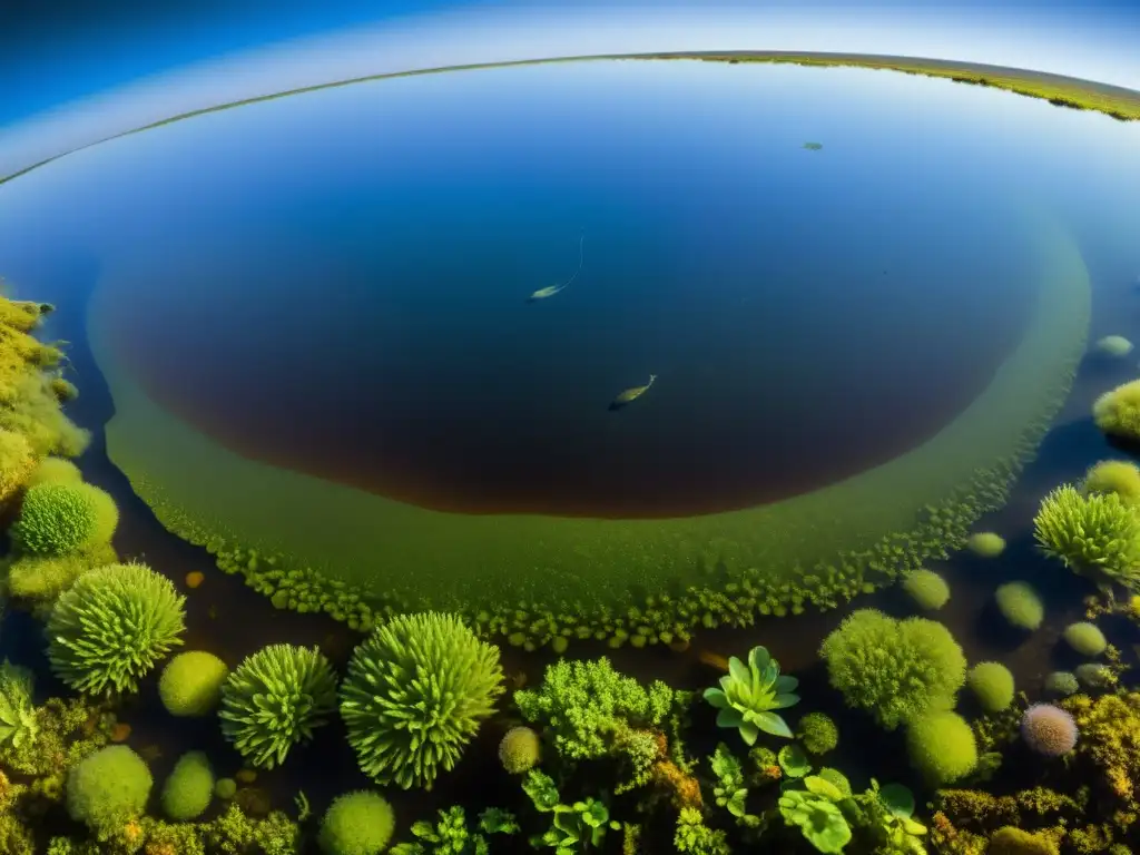 Imagen detallada de un ecosistema de estanque, mostrando la crianza de renacuajos saludables en su hábitat natural