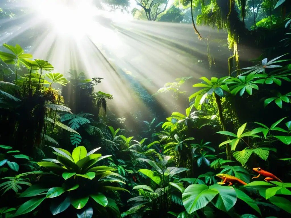 Imagen detallada de un exuberante bosque lluvioso con anfibios adaptados a condiciones extremas camuflados entre la vegetación colorida y exuberante