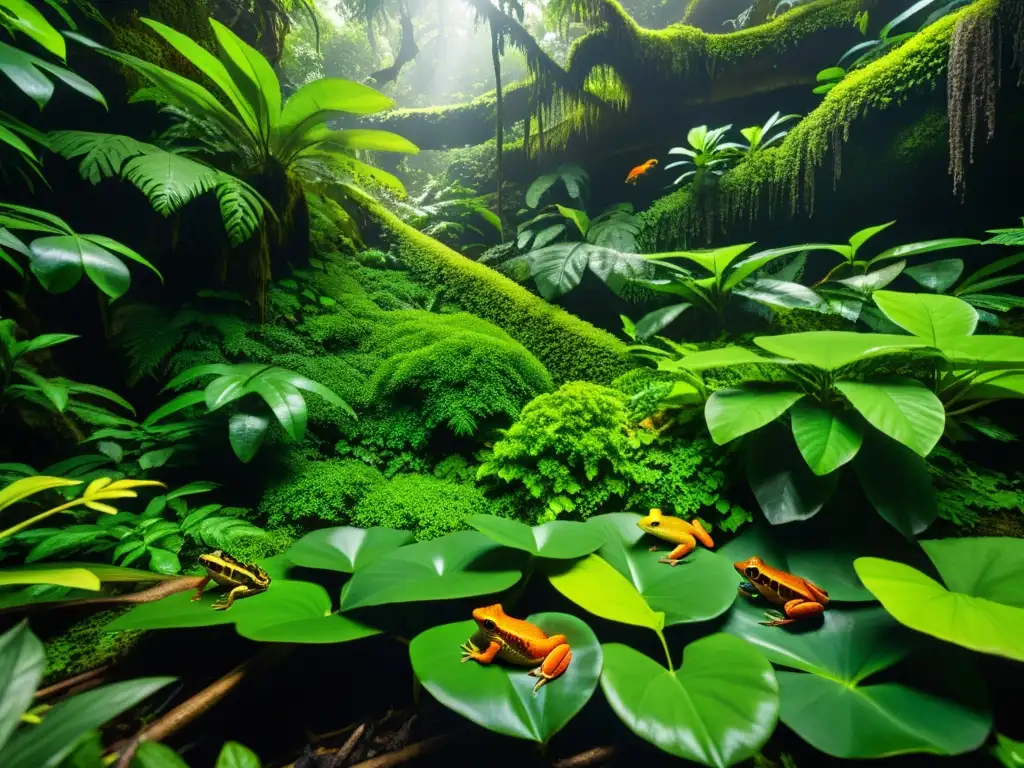 Imagen detallada de un exuberante bosque tropical, con diversidad de anfibios en biomas