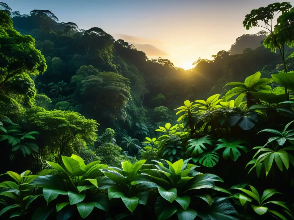 Imagen detallada de un exuberante bosque tropical al anochecer, con anfibios en hojas verdes