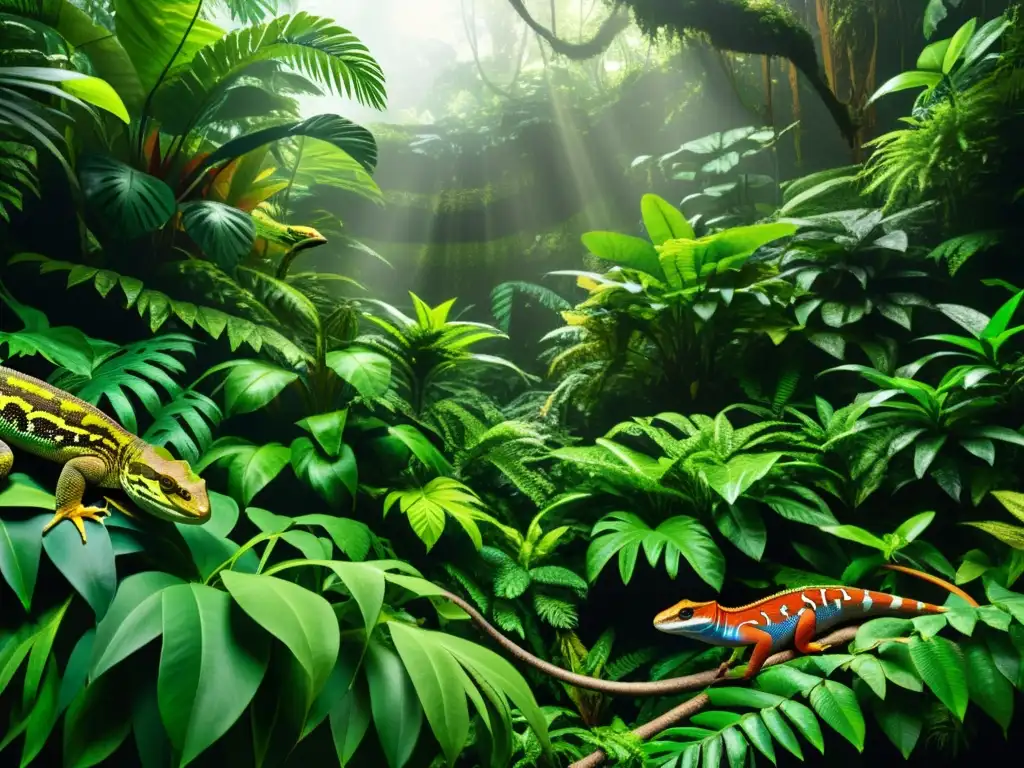 Una imagen detallada de un exuberante ecosistema de selva tropical, con una relación simbiótica entre reptiles y plantas