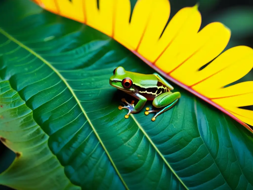 Imagen detallada de una exuberante selva tropical, resaltando a una vibrante rana sobre una hoja