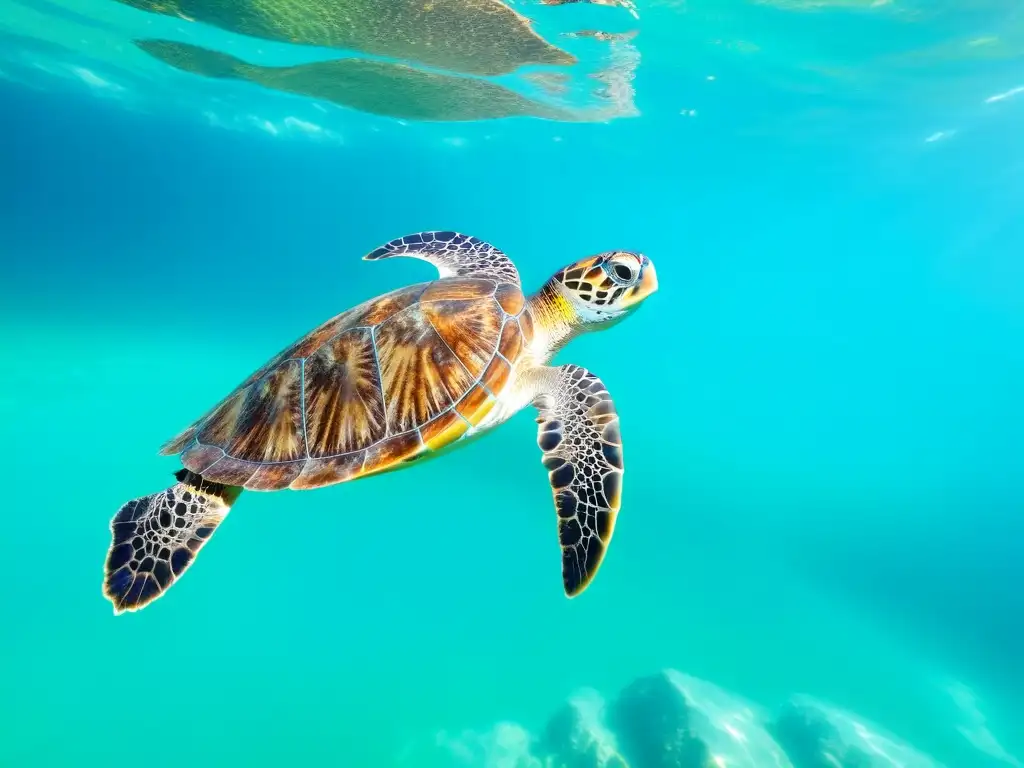 Imagen detallada de una tortuga marina nadando con gracia en aguas turquesa, transmitiendo paz y tranquilidad en su hábitat acuático