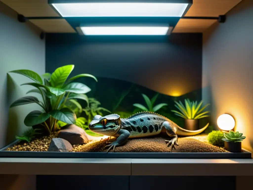 Imagen detallada de hábitat nocturno para reptiles, con ajustes de ciclo luz para bienestar de reptiles nocturnos