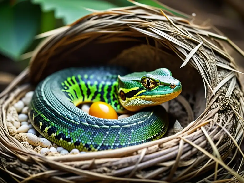 Una imagen detallada de una hembra reptil poniendo huevos en un nido, con patrones y texturas intrincados