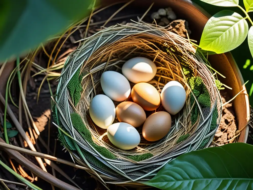 Imagen detallada de una hembra reptil protegiendo su anidación de huevos en un nido de hojas y ramas