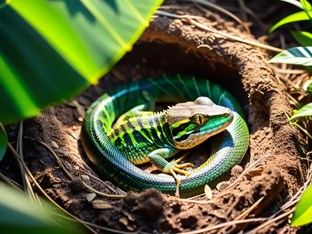 Imagen detallada de una hembra reptil anidando en la selva tropical, mostrando la reproducción de reptiles y anfibios en su entorno natural