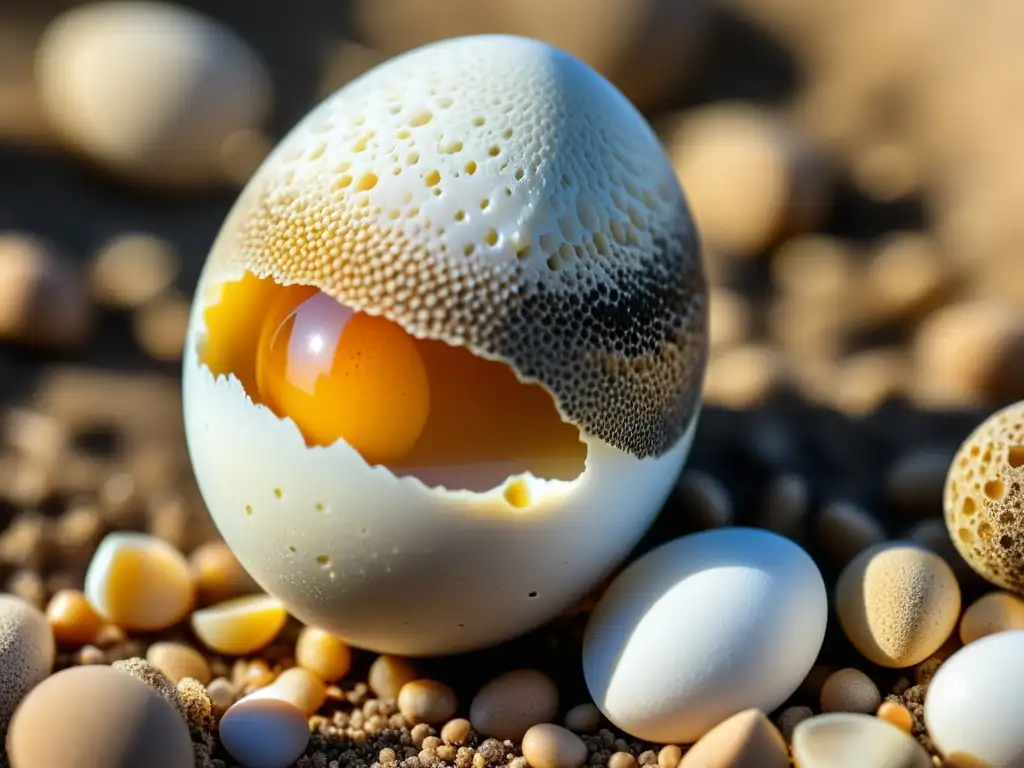 Imagen detallada de un huevo de reptil en la tierra húmeda, con patrones delicados y una grieta que revela el embrión