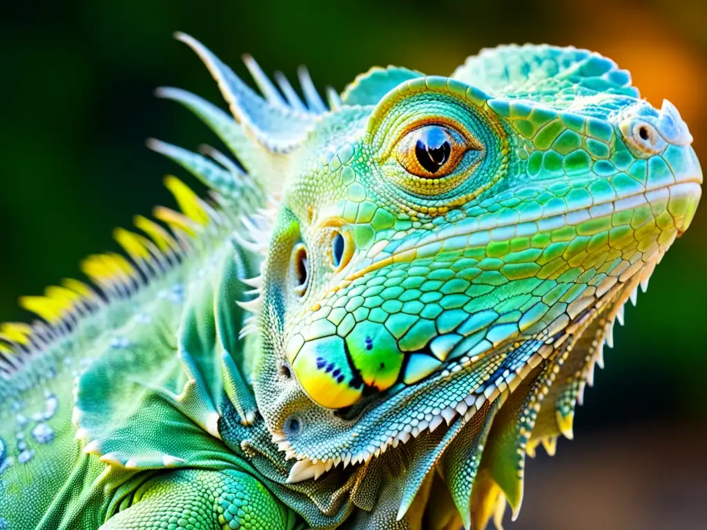 Una imagen detallada de una iguana verde, con enfoque en sus escamas y ojo