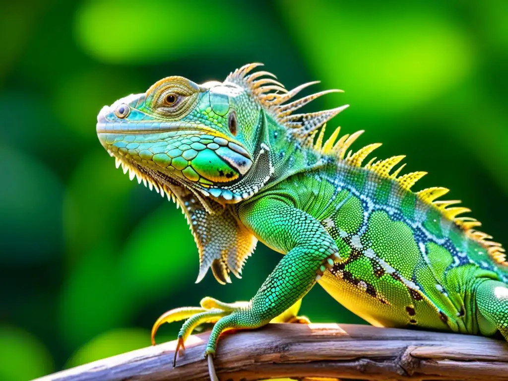 Imagen detallada de una iguana verde capturando un grillo iridiscente en su hábitat natural, mostrando enriquecimiento alimenticio para reptiles