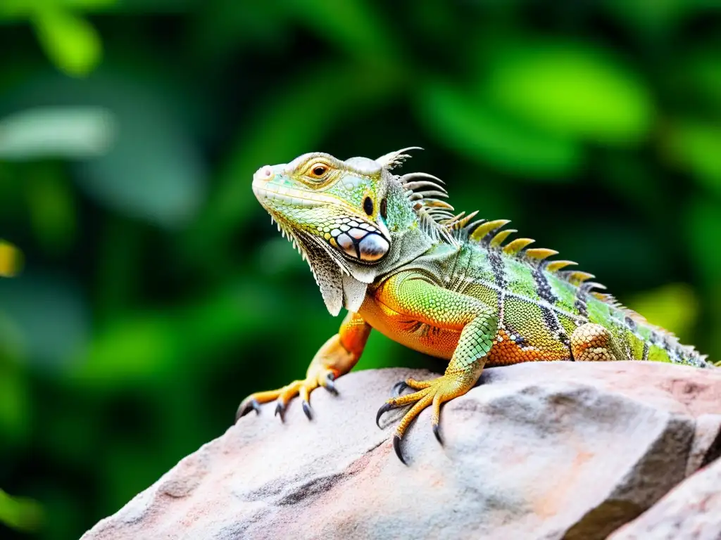 Imagen detallada de una iguana verde vibrante en su hábitat natural, transmitiendo alerta y curiosidad